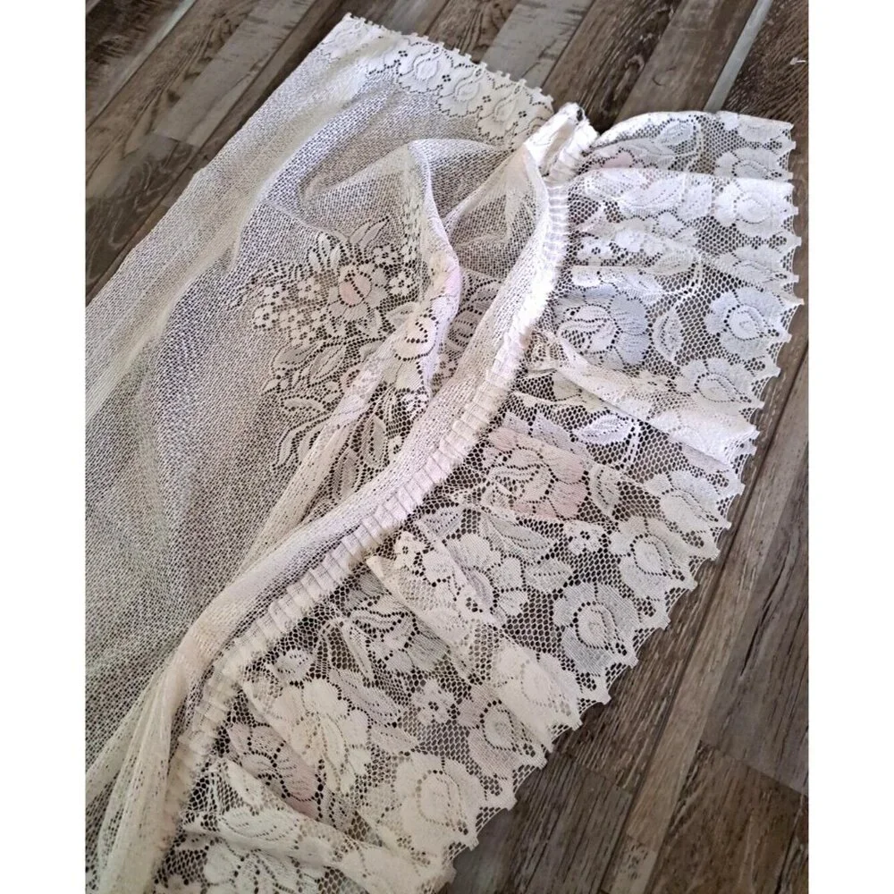 Vintage Lace Window Valance White Pink Blue Roses Gathered Ruffled Trim 58x20